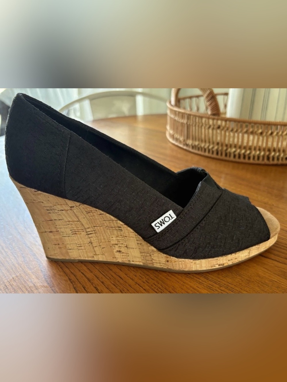 TOMS Women Black Textured Cork Wedge Peep-Toe Slip-On Sandals 8.5